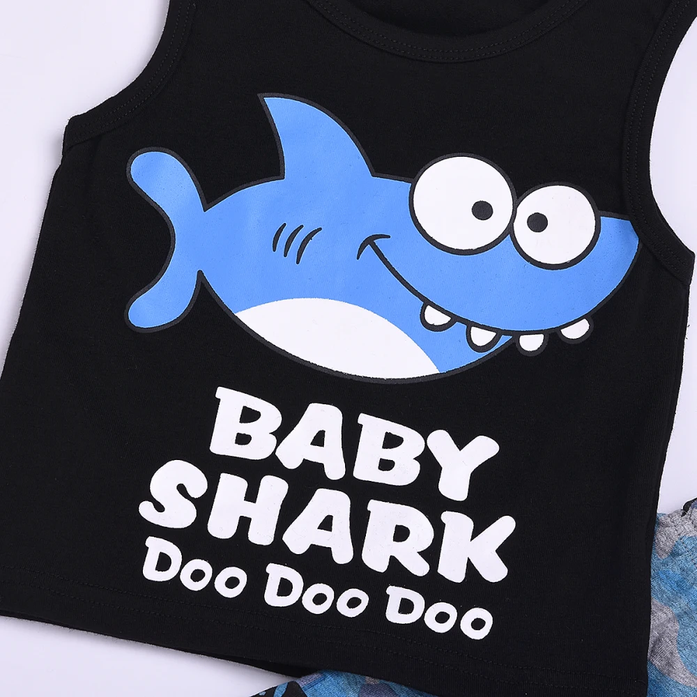 От 1 до 5 лет, летняя одежда для маленьких мальчиков жилет без рукавов с принтом акулы топы, шорты штаны, комплект одежды из 2 предметов для мальчиков