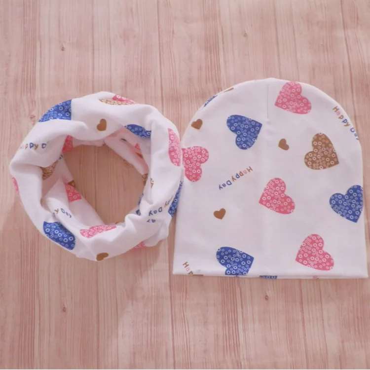 pink big heart Новинка года, хлопковые детские шапочки с принтом «сердце», «мороженое»+ шарф, комплекты шапки и воротники для мальчиков и девочек детские шапки - Цвет: pink big heart