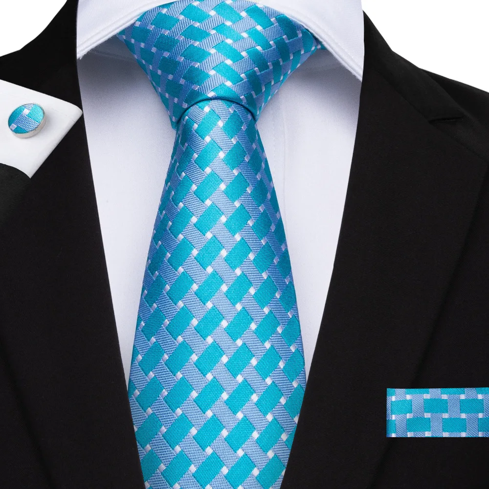 

DiBanGu New Arrival Design Geometric 8cm Silk Jacquard Blue Men Tie Necktie Pocket Square Handkerchief Set Suit Wedding MJ-7164