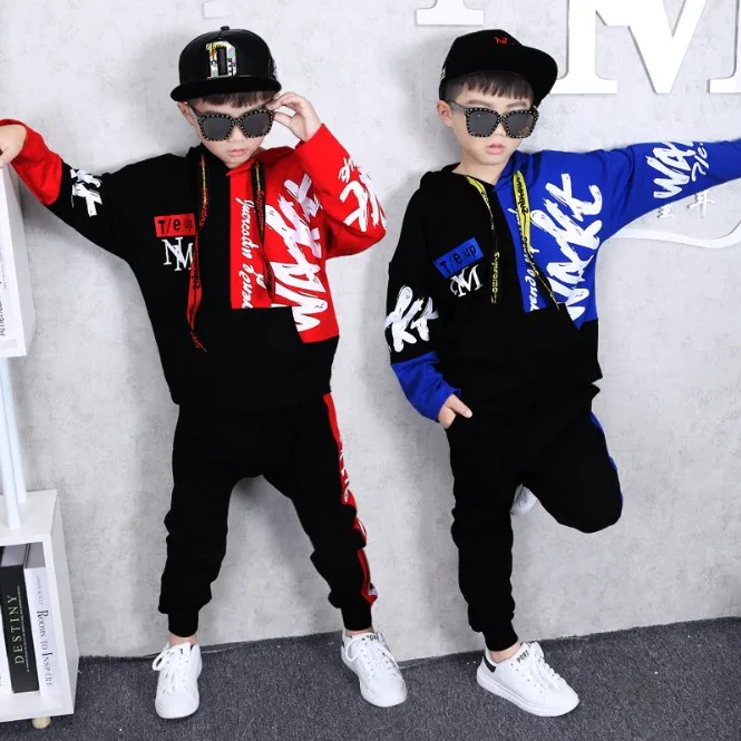 Hip Hop Children's Clothing Suit Spring Fall Boys Fashion Printing Spliced Clothes Kids Sweatshirt + Pants 2 Pcs Streetwear B140 |