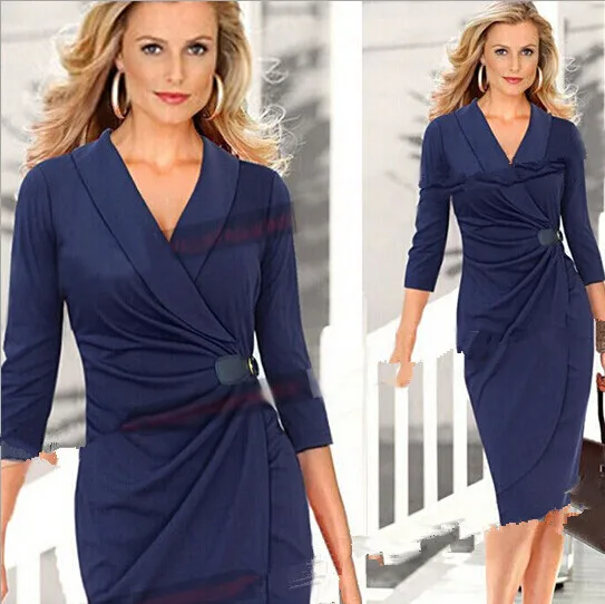 Notched Elegant Bodycon Party Formal Dress Women Three Quarter Sleeve Midi Work Ladies Dresses Casual Vestidos New 2015 Plus | Женская