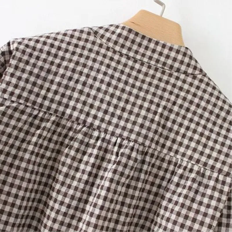 Office Women Blouse Plaid Shirt Vintage Long Sleeve Stand Collar Checked Top Cotton Loose Fashion Blusa |