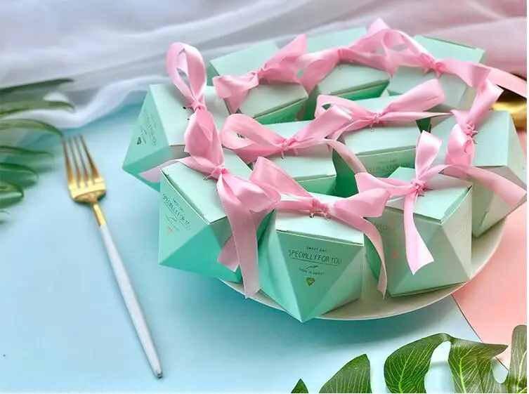 Green -pink ribbon Розовый/красный/синий алмаз форма Baby Shower конфеты коробка со свадебными сувенирами и подарки коробки День Рождения украшения для гостей - Цвет: Green -pink ribbon