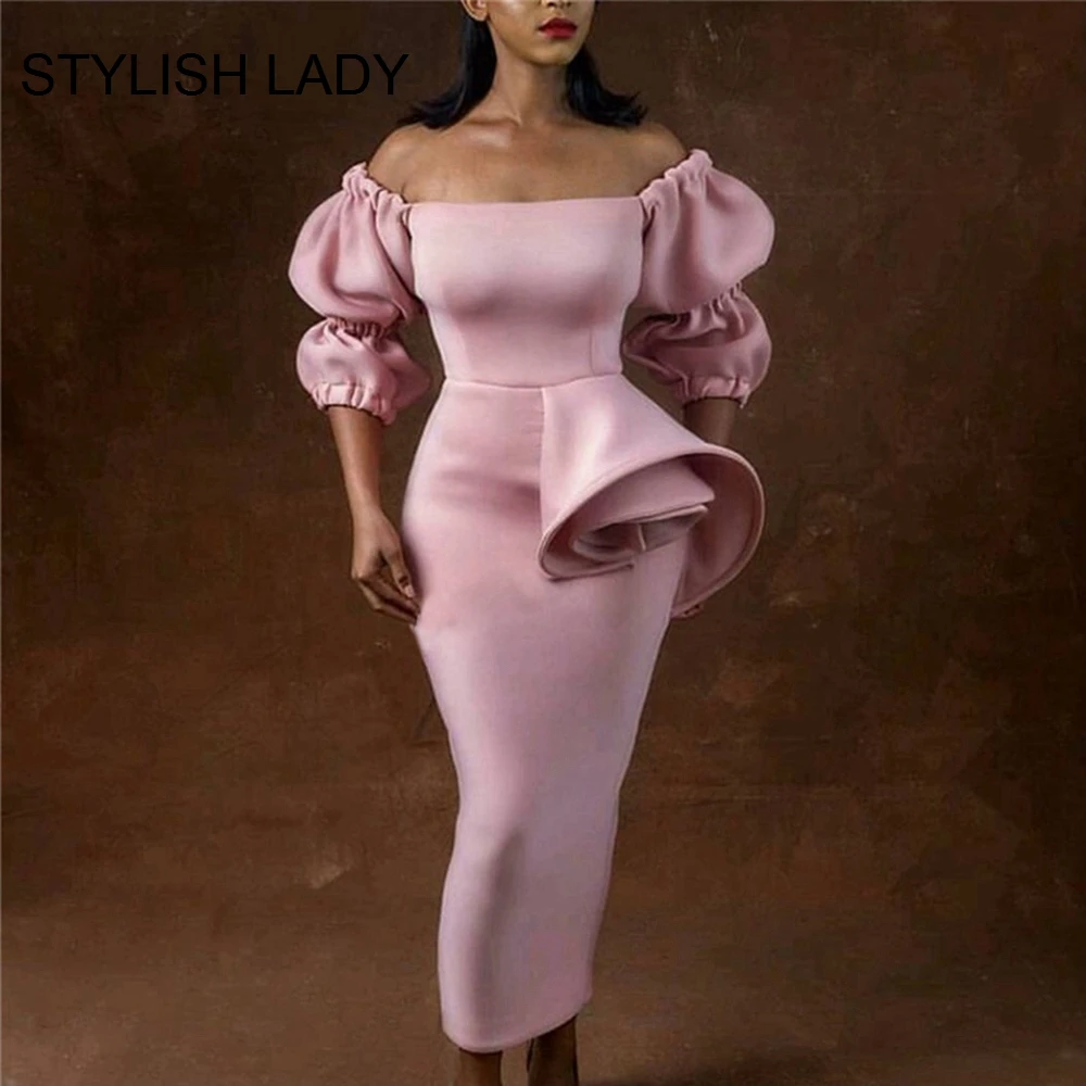 

STYLISH LADY Puff Sleeve Ruffle Dress 2019 Summer Women Long Sleeve Off the Shoulder Bodycon Bandage Slim Club Party Midi Dress