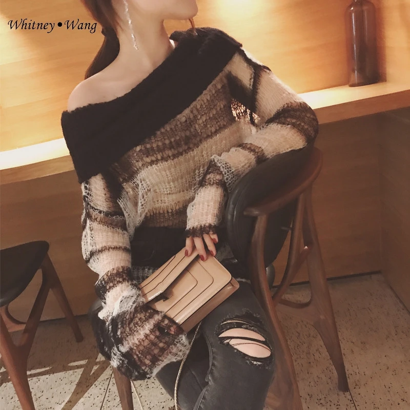 WHITNEY WANG 2019 Autumn Fashion Streetwear Sexy Slash neck Striped Mohair Sweater Women Jumper Pullover sueter mujer invierno | Женская