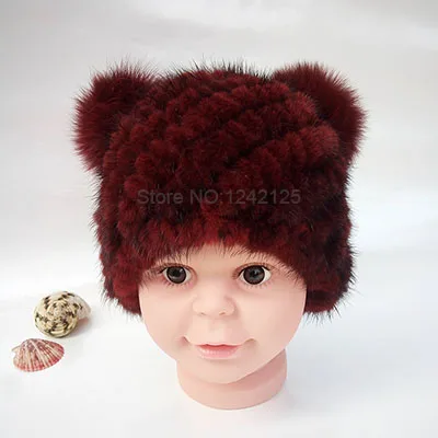 Wine red Новая осенне-зимняя шапка из меха норки для родителей и детей, для мальчиков и девочек, милая теплая шапка из натурального меха принцессы, зимние шапки с помпоном из меха норки и лисы - Цвет: Wine red
