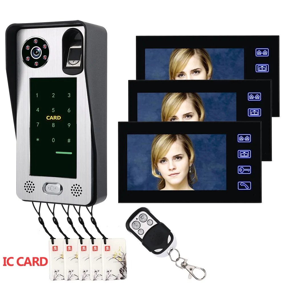 1 Camera 3 monitor Горный 7 дюймов отпечатков пальцев IC карта видео домофон дверной звонок с система контроля допуска к двери - Цвет: 1 Camera 3 monitor
