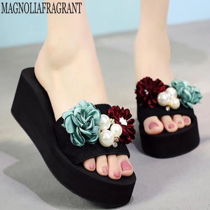 

Handmade ladies slippers summer flowers pearl women's shoes fashion wild flip flops large size non-slip beach shoes mm409