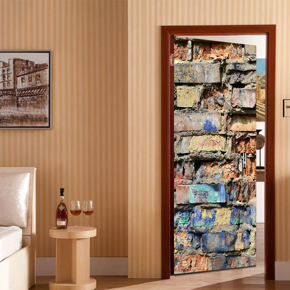 

2 pcs/set Color Old Bricks Door Wall Stickers Art Mural Sticker Imitation Wall Decals Poster Bedroom Door Home Decoration