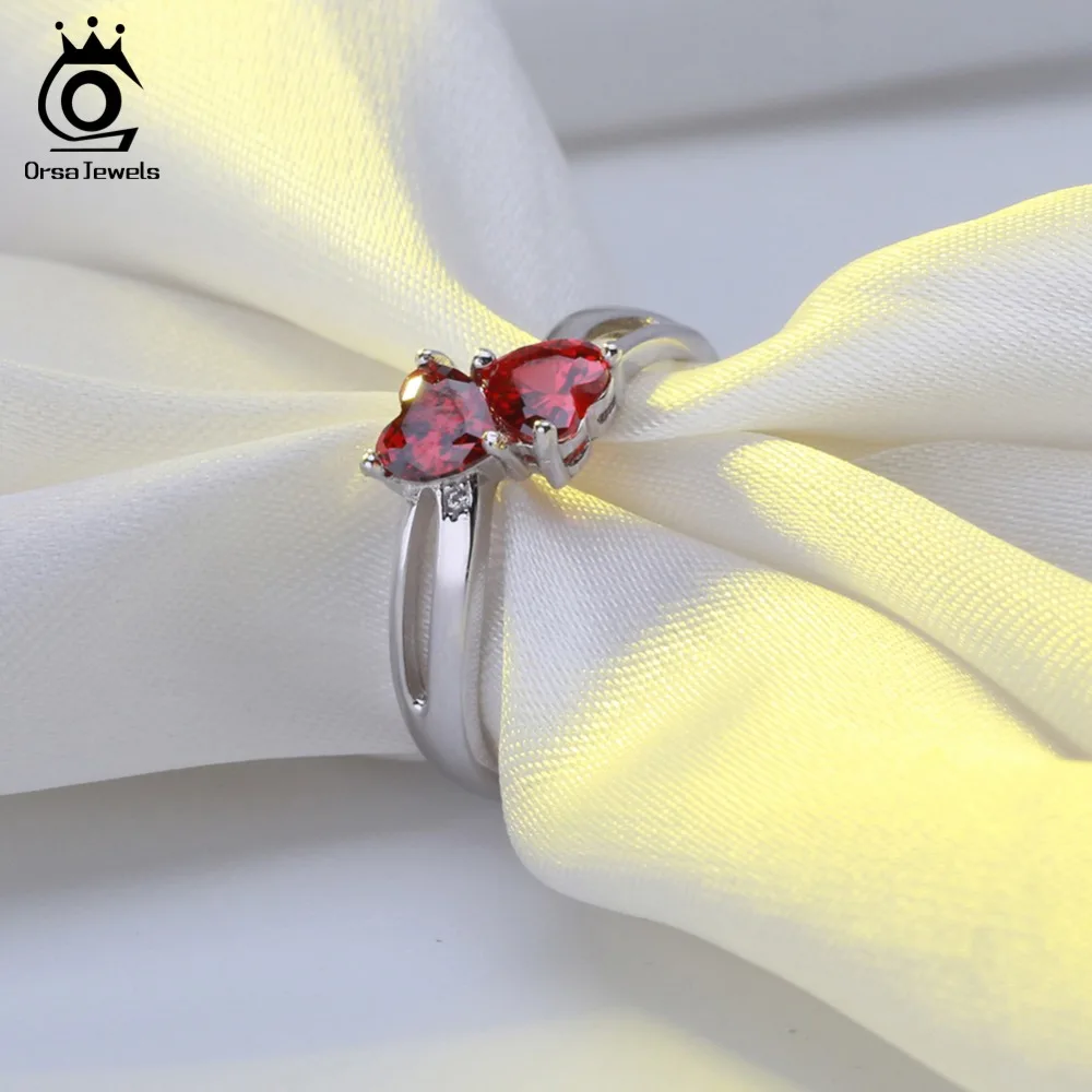 ORSA JEWELS женское серебряное кольцо из натуральной 925 пробы в форме двойного сердца, AAA Красный кубический циркон, Женское кольцо для вечеринки, ювелирное изделие, SR58-R
