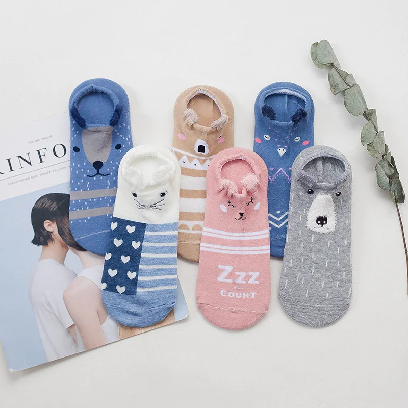 Носки для женщин Kawaii Мультяшные животные хлопок высокая эластичность невидимые