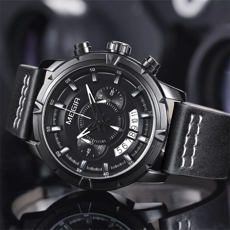 Известный бренд новинка кварцевые часы MEGIR из натуральной кожи