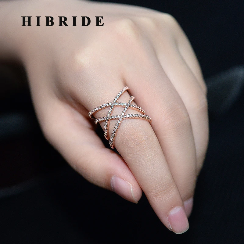 

HIBRIDE Charm X Combined CZ Pave Big Finger Rings For Women Jewelry Gold /Rose Gold Ring Anillos Mujer Party Ring R-219