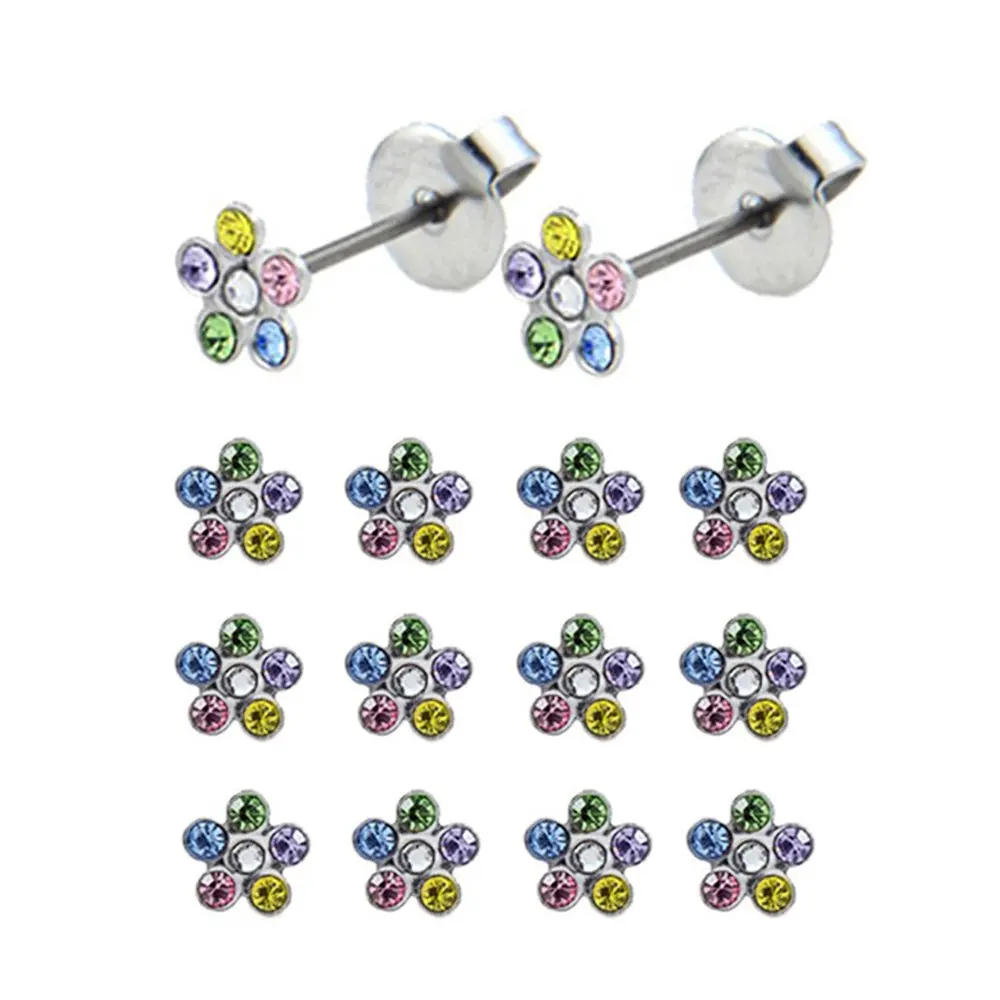 SS 6mm Daisy Rainbow 12 пар хирургические стальные ювелирные украшения серьги со стразами серьги-гвоздики смешанные цвета различные формы Звезда Сердце Луна и жемчуг 20 Калибр - Окраска металла: SS 6mm Daisy Rainbow
