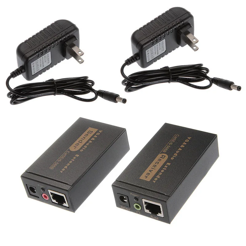 Сетевой удлинитель сигнала 100 м RJ45 на VGA видео и аудио CAT5e/6 передатчик + | Адаптеры AC/DC -32953065943