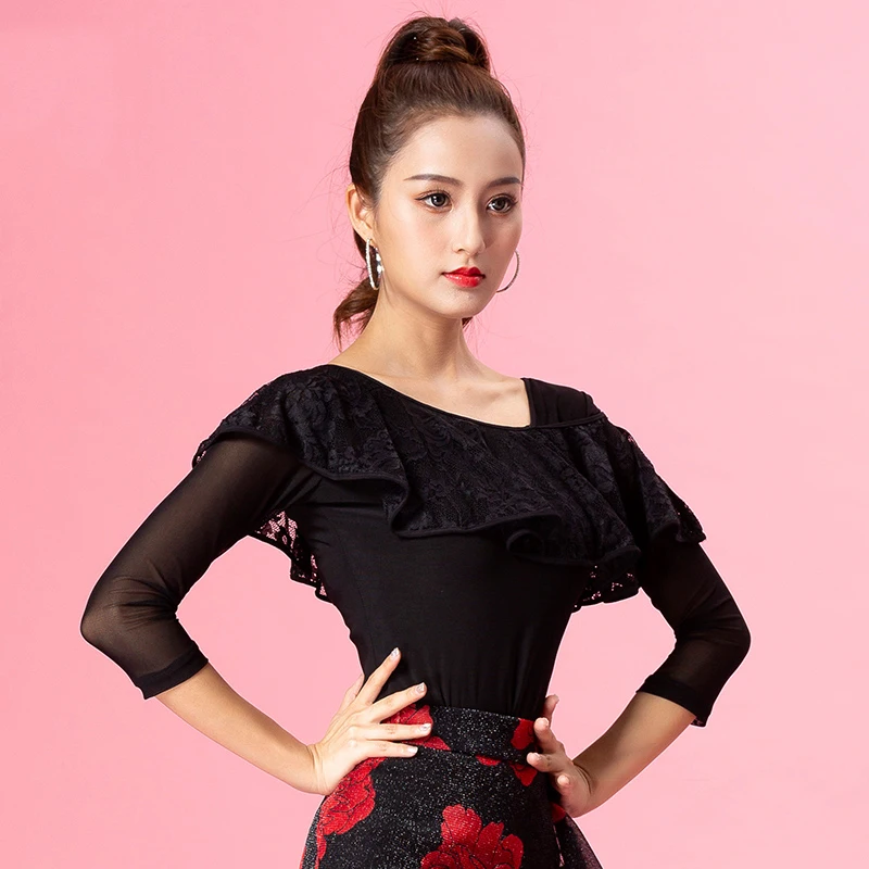 2019 New Latin Dance Tops Long-Sleeved Female Adult Net Yarn Splice Standard Women Clothing Ballroom Salsa Samba DL3620 | Тематическая