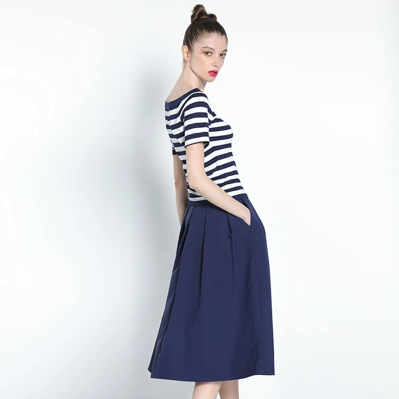 

Summer Women Two piece set Slash Neck Striped T-Shirt And Solid Color Skirts Casual 2 Piece Set Wholesale free shipping
