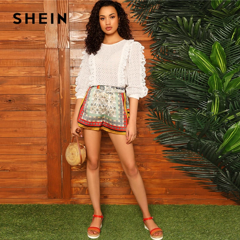 SHEIN белая кружевная блузка с вырезом-замочной скважиной на спине, топ с рюшами, Женская Весенняя блузка с рукавом-фонариком, офисные женские топы и блузки в стиле бохо