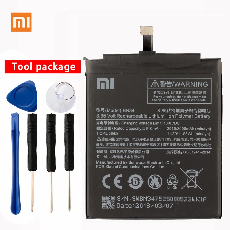 Оригинальный аккумулятор для телефона Xiaomi Redmi 5A 5 0 &quotBN34 2910 мАч|Аккумуляторы