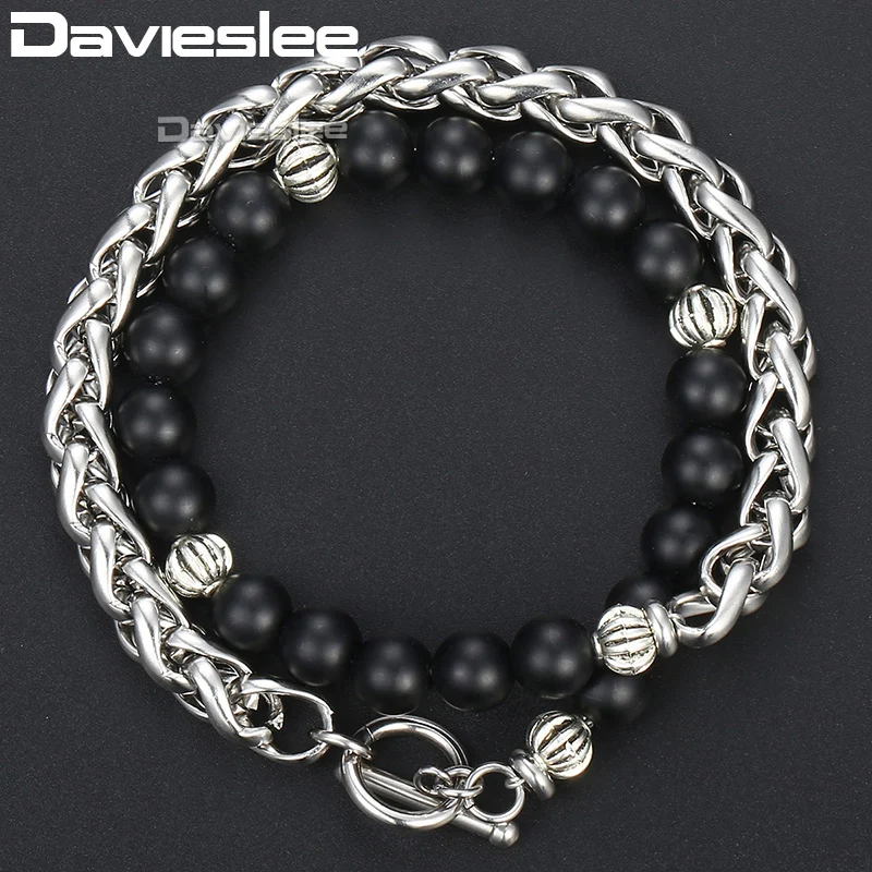 Davieslee натуральный камень тигровый глаз браслет из бисера для мужчин женщин Пшеница ссылка двухслойный коричневый матовый черный стекло 8 мм DBM13