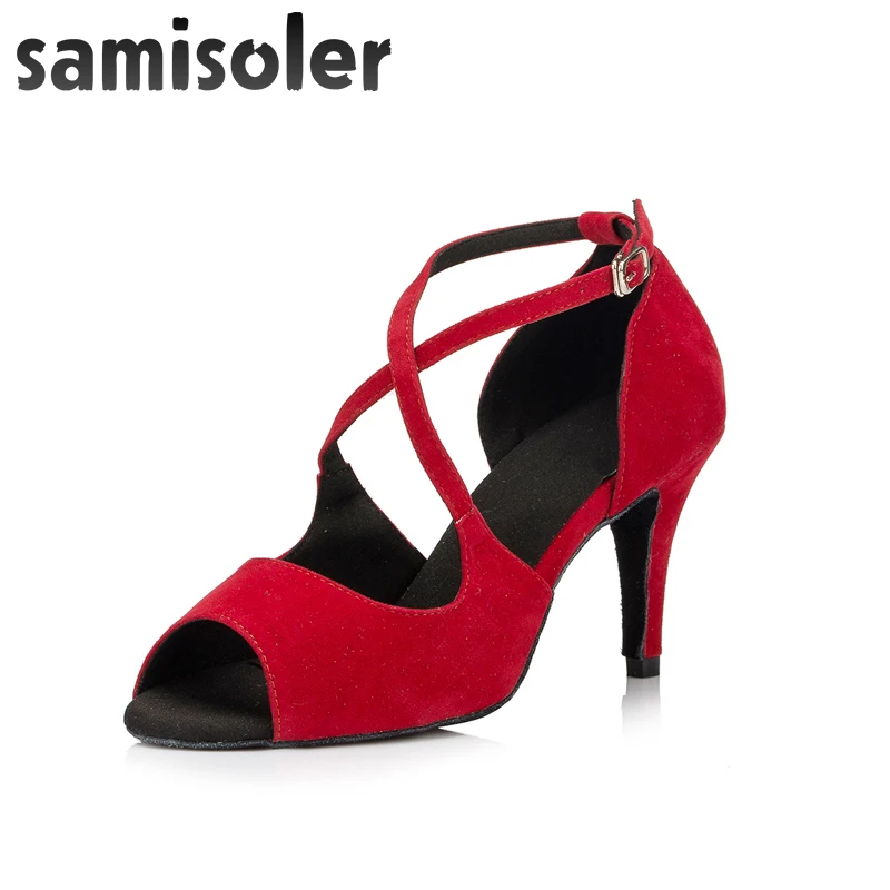 

Samisoler Red/Black New Cloth Collocation Shine Ribbons Ballroom Fashion Dance Women Latin Dance Competition Shoes