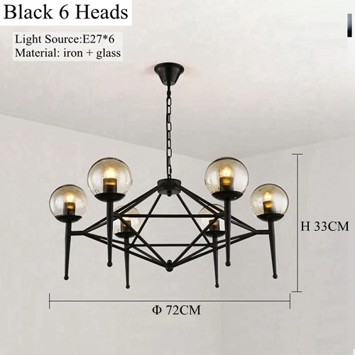Black 6 Heads LukLoy стеклянный шар Светодиодная Люстра для гостиной Креативный дизайн золотые подвесные лампы современный Крытый ресторан освещение светильники - Цвет абажура: Black 6 Heads