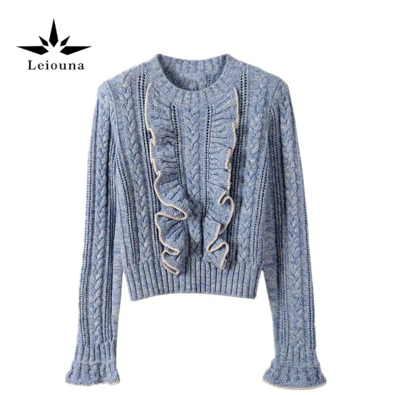 Leiouna Magyar Court Wind Vintage Runway Flare Sleeve Dames warm Green Best Ruffles Wool Pullover Sweater Good Quailty | Женская одежда