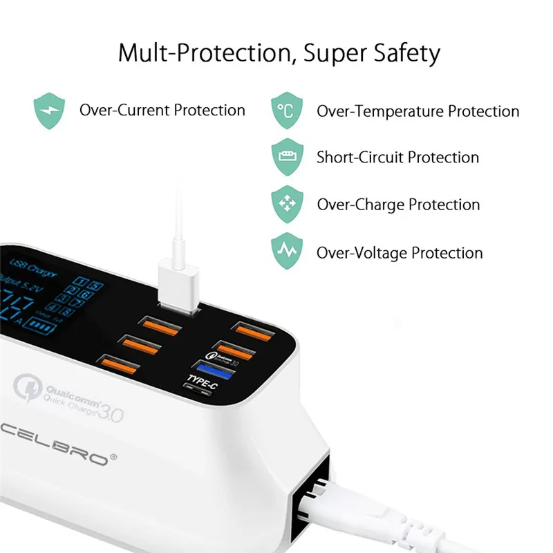 Мульти Порты и разъёмы USB Зарядное устройство концентратор Quick Charge 3,0 8 Порты и разъёмы Настольный несколько USB Зарядное устройство станция светодиодный Дисплей Быстрая зарядка EU US UK вилкой