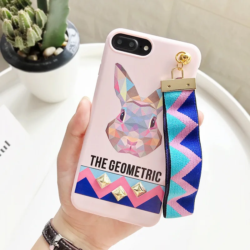 Halloween Animal Printed Case For Iphone X 7 Plus Tiger Rabbit Stud Rivet Wrist Strap Back Cover IPhone 6 6S PLus Coque |