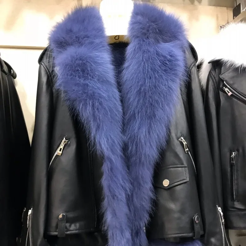 fox fur blue Новинка, роскошный дизайн, 2 предмета, натуральный мех, овчина, куртка для женщин, Зимняя мода, с отворотом, натуральный Лисий мех, подкладка, натуральная кожа, байкерская куртка - Цвет: fox fur blue