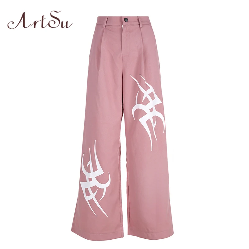 Женские широкие брюки ArtSu черные и розовые уличные с высокой талией длинные