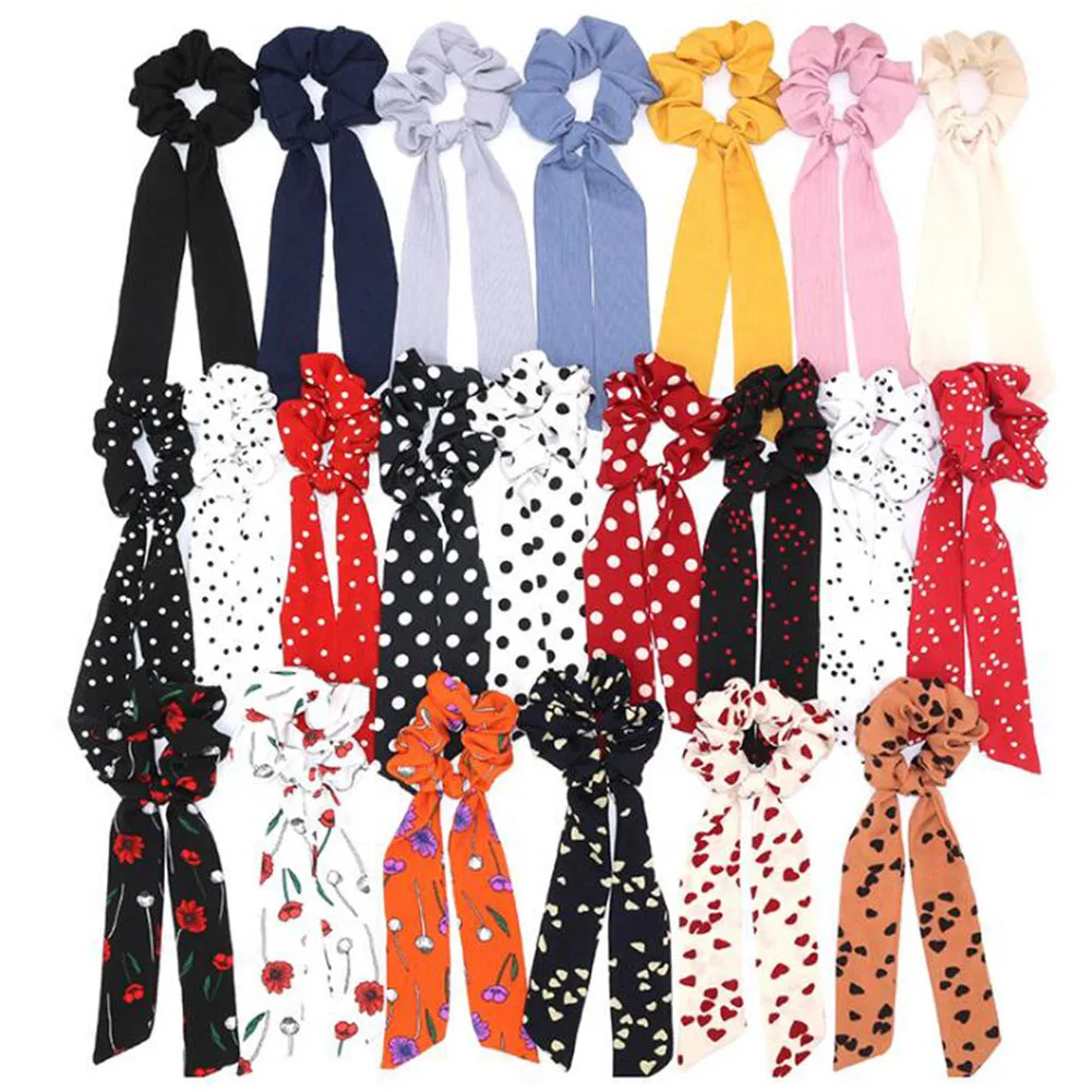 

2020 Bohemian Polka Dot Floral Printed Ribbon Bow Hair Scrunchies Women Elastic Hair Band Ponytail Scarf Hair Ties Accessories