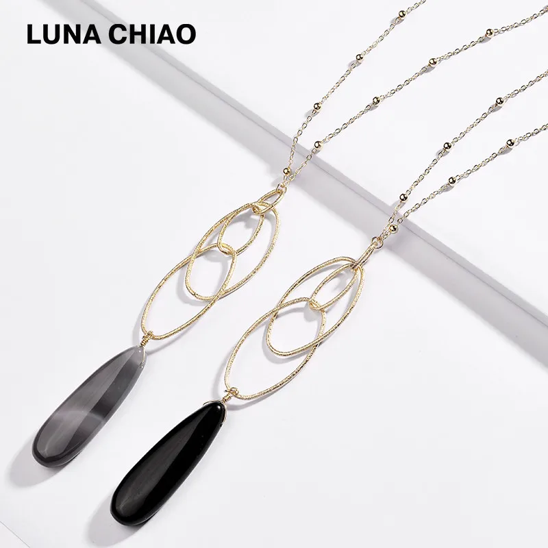 Цепочка LUNA CHIAO с подвеской женская, овальные Многослойные Кулоны из камня черного и серого цвета с овальными звеньями, 4 цвета