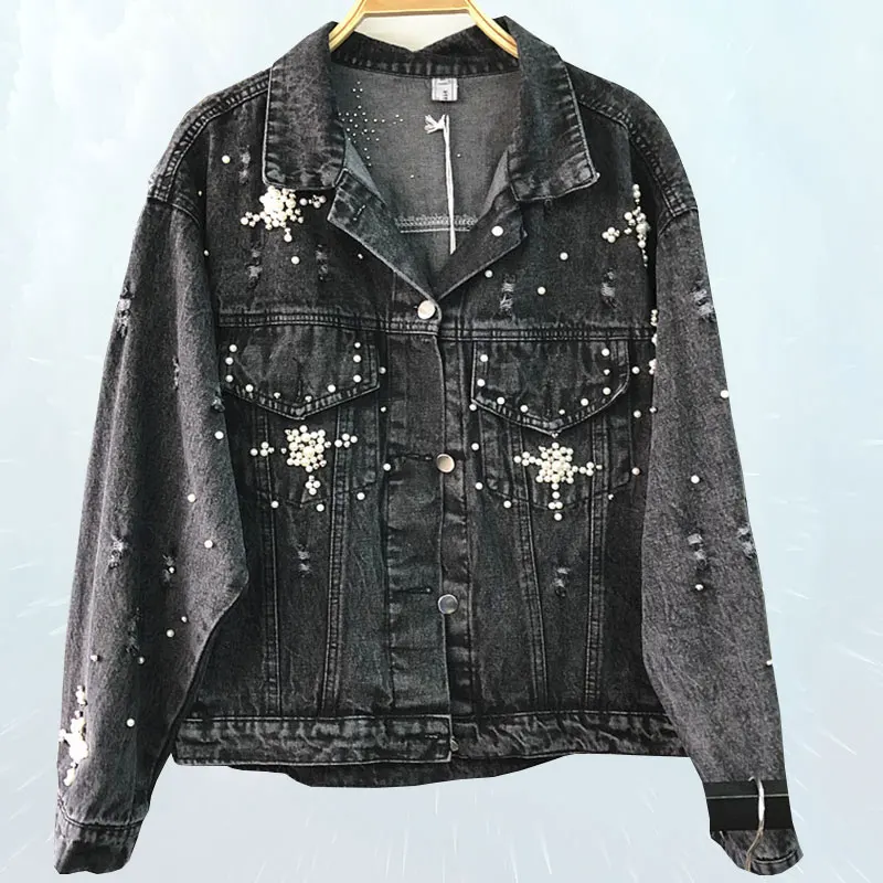 Тяжелая Повседневная куртка с бусинами 2019 весенне-осенняя джинсовая женская