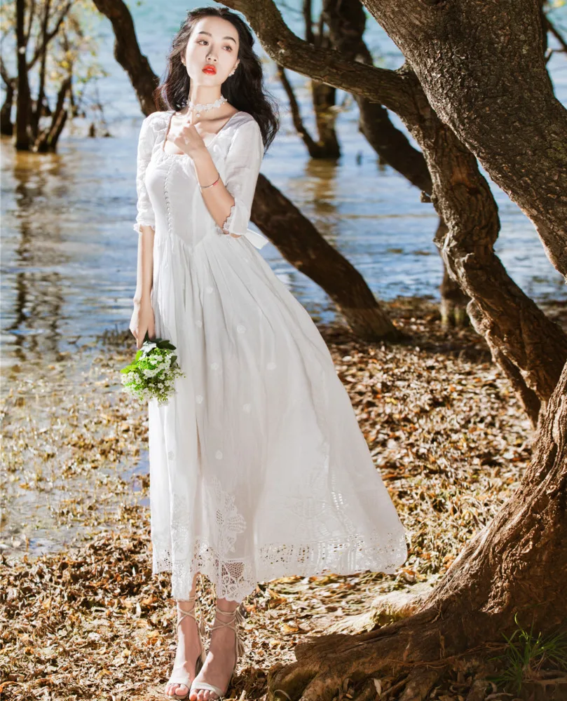 Лето Осень женское платье с Цветочной Вышивкой Кружевной Белый пляжное длинное