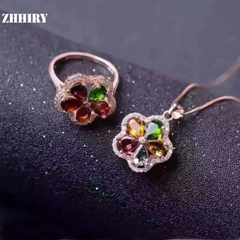 

ZHHIRY Natural Tourmaline Gemstone Jewelry Set Genuine 925 Solid Sterling Silver Women Ring And Necklace Pendant Sets Fine Jewel