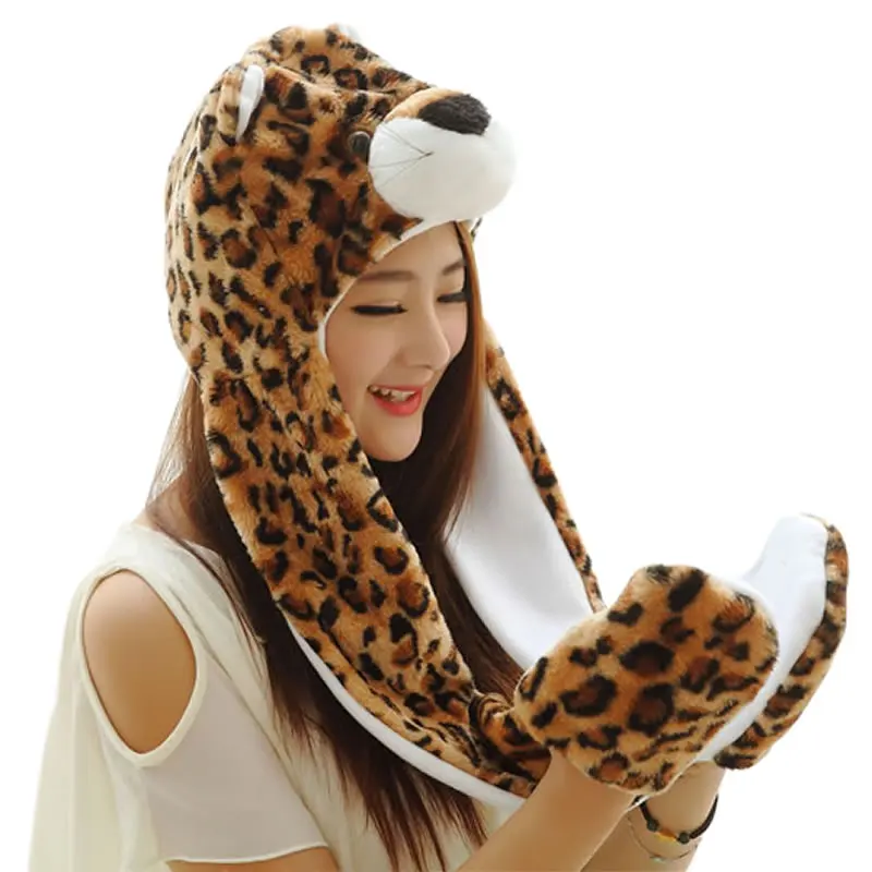 Leopard Bear Новинка, мягкая теплая шапка в виде животного, панда, Ститч, жираф, милая мультяшная плюшевая шапка, наушники с длинным шарфом, перчатки для женщин, мужчин, взрослых, детей - Цвет: Leopard Bear