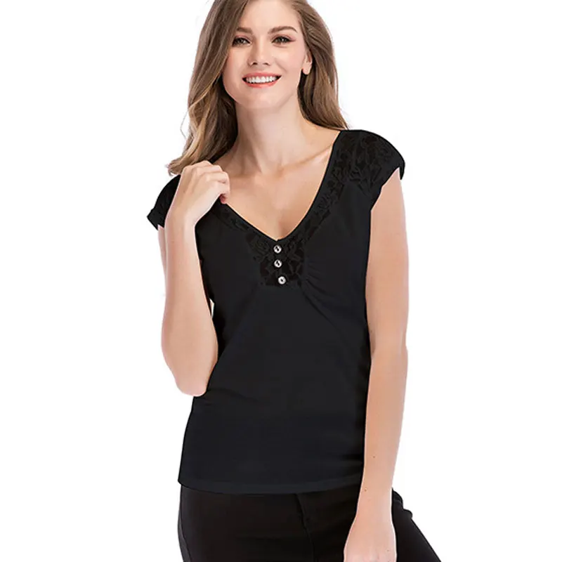 2018 Summer Women Shirt Short Sleeve V Neck Tops Blouse Solid Color Lace Spiiced Womens New Fashion Clothing 3 |