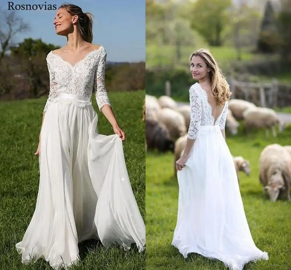 Кружевное свадебное платье с V-образным вырезом длинным рукавом и открытой