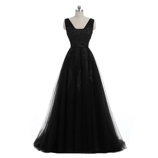 Vestido de festa Новое поступление Robe De Soiree v-образный вырез с кружевной аппликацией длинные тюлевые вечерние платья розовый темно-синий серый - Цвет: black