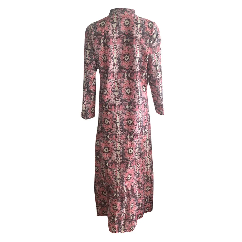 Women Loose Casual Print V Neck Long Sleeved Summer Slit Up Maxi Dress loose cotton chiffon pleated dress large size fashion | Женская