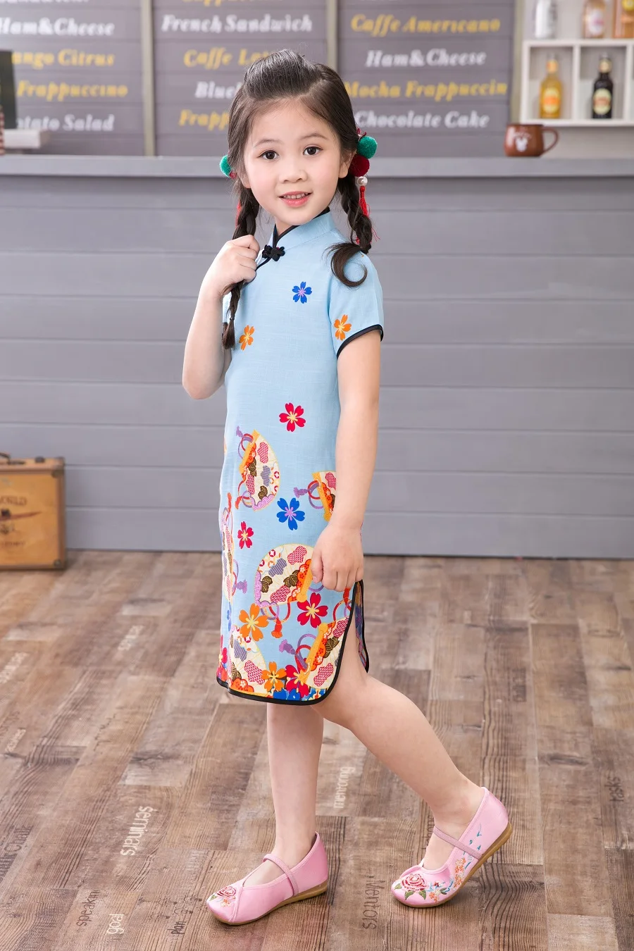 2021 Модное детское Хлопковое платье в китайском стиле с цветами и птицами Летнее