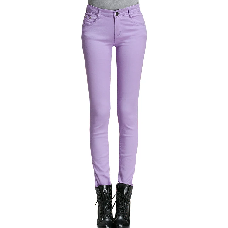 Purple Jeans Женские джинсы, яркие брюки, узкие джинсы, женские эластичные облегающие брюки, средняя талия, полная длина, на молнии, Стрейчевые узкие женские штаны - Цвет: Purple Jeans
