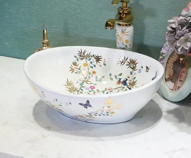 Цветок и птица Китай ручной работы Lavabo керамика умывальник Европа Роскошный Художественный Ванная раковина умывальник - Цвет: Design 5 only sink