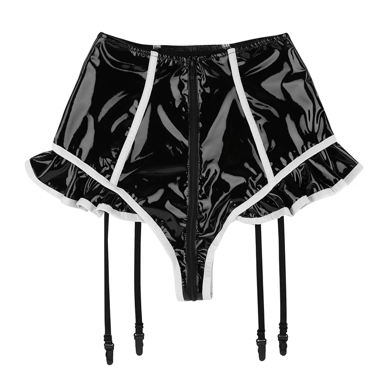 Сексуальные трусики для женщин, женское белье, Wetlook, искусственная кожа, с рюшами, молния, промежность, высокая талия, трусы с подвязками, дамское нижнее белье