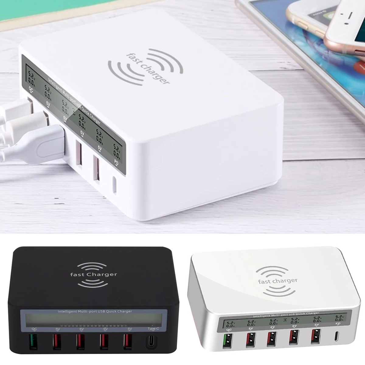 Многоцветное 50 Вт 5 В 12A портов USB быстрое зарядное устройство умная Быстрая