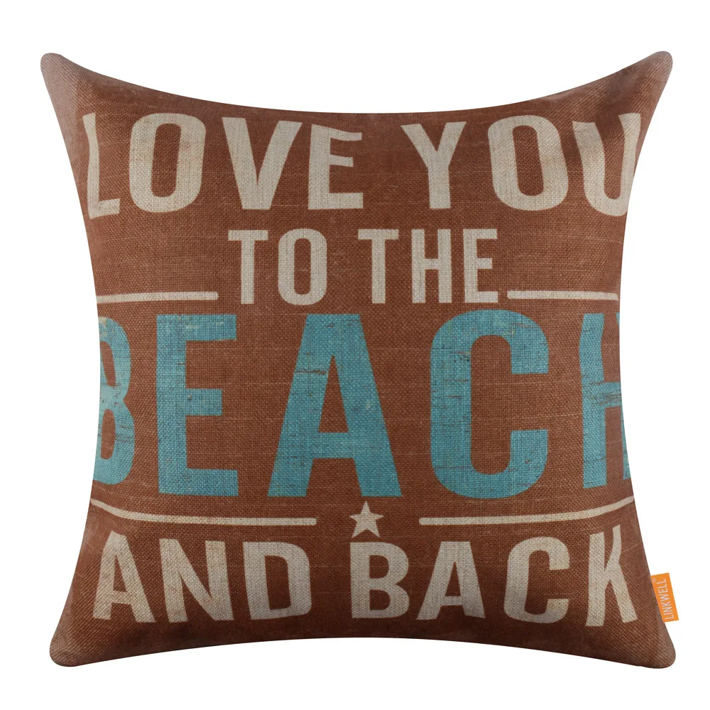 Пляжная наволочка с надписью Love You to the Beach и Back на коричневом фоне синие слова 18x18
