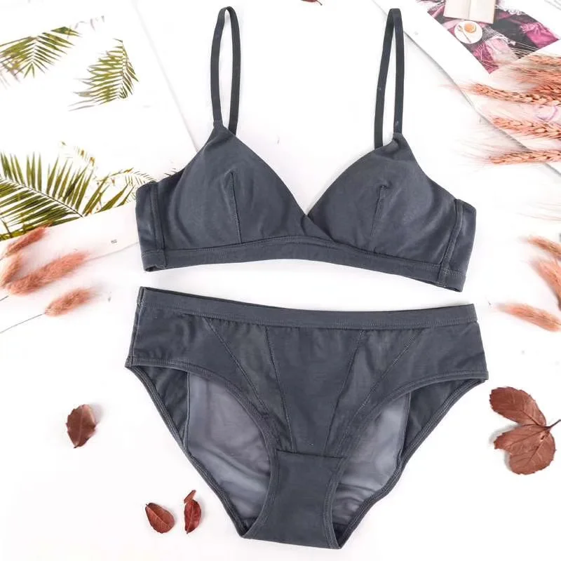Темно-серый Wriufred Pure Cotton Mesh Thin Triangle Cup Bralette Underpants Set Sexy Lingerie Women Underwear Wire Free Bras Sets - Цвет: Темно-серый