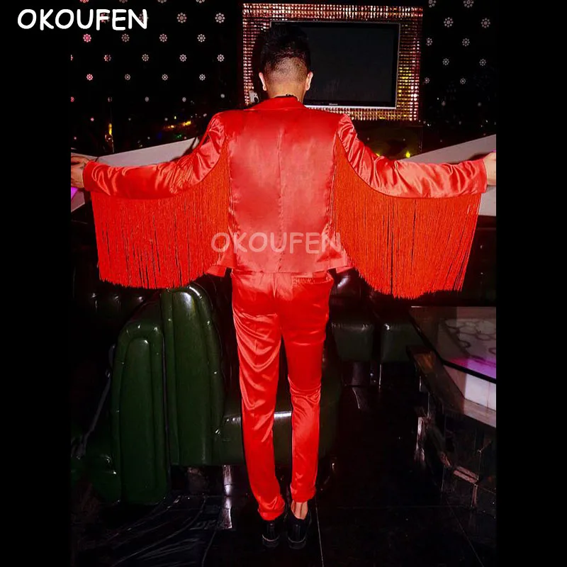 Новинка 2018 мужской красный костюм с кисточками тонкие блейзеры костюмы для