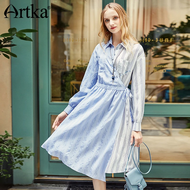 Женское длинное платье в полоску ARTKA розовое составного кроя с отложным